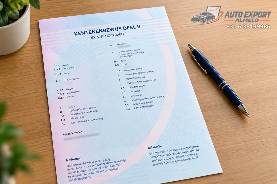 Kentekenbewijs deel II, het exportdocument voor een auto uit Almelo, op de balie van Auto Export Almelo